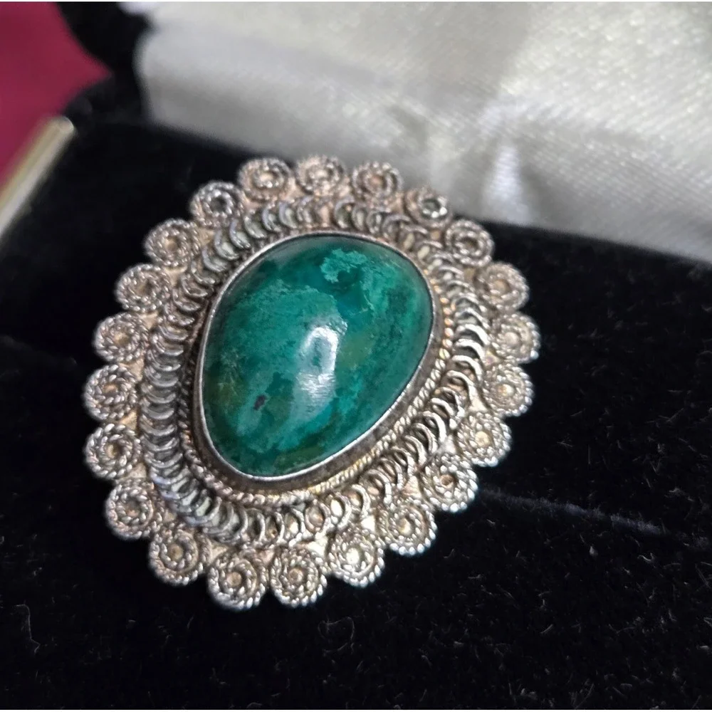 Vintage 925 Sterling Silver Filigree Malachite Cabochon Brooch Pin & Pendant 5G